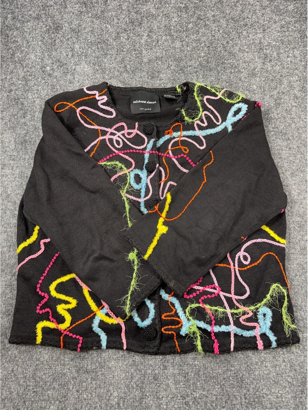 Michael Simon Cardigan Sweater Womens Large Multi Squiggle Yarn Embroidered